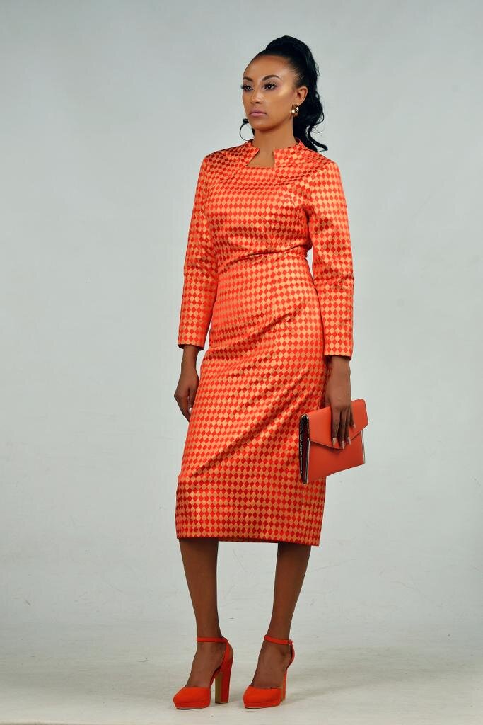 Red and yellow mustard print long sleeve pencil dress